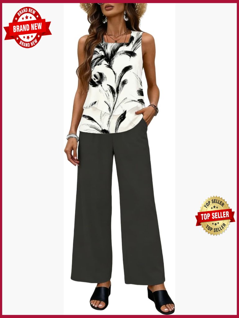 2 Piece Sleeveless Vest Top & Wide Leg Pants Lounge Set Travel Outfit